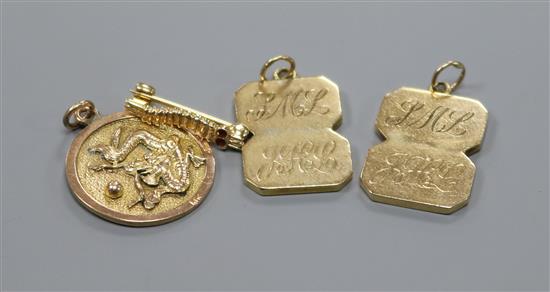 A Chinese 14k gold pendant, two 9ct gold pendants formed from cufflinks and a yellow metal shrimp brooch.